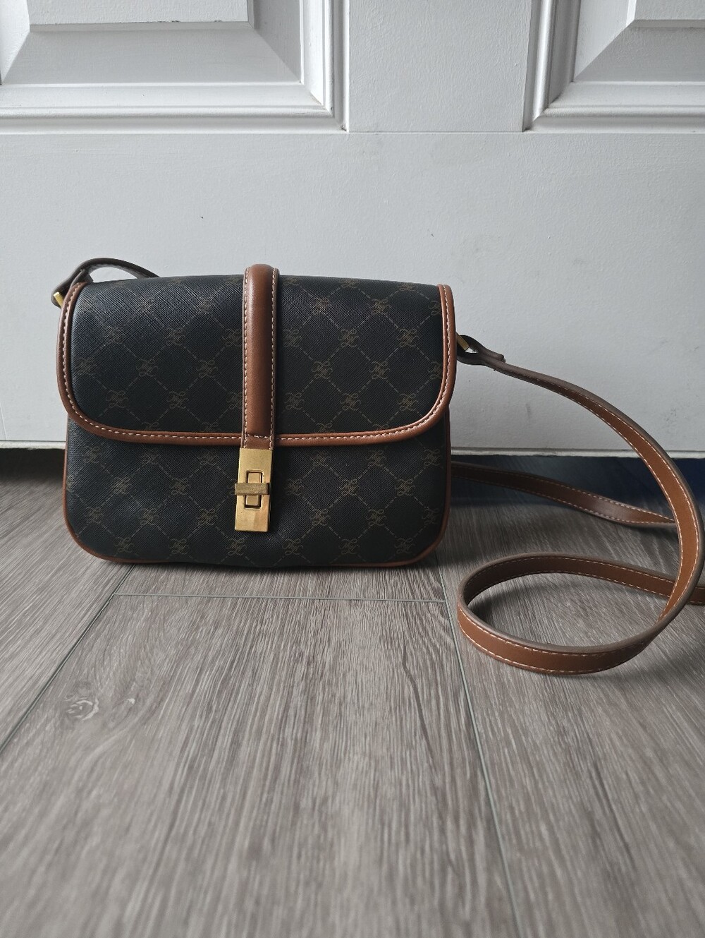 Mango MNG Monogram Crossbody Bag Brown Saddle Flap Twist Lock Gold Hardware